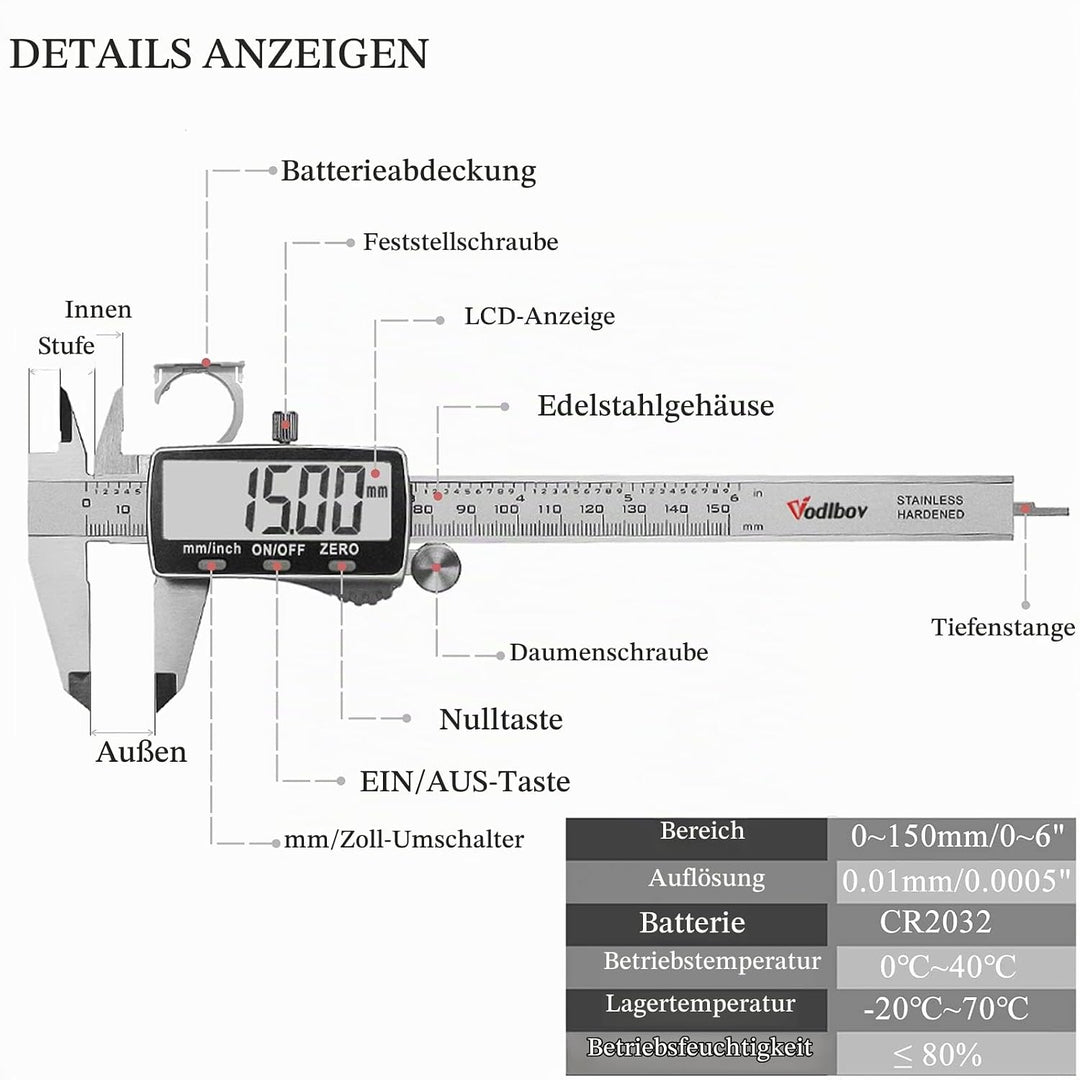 Digitaler Messschieber Schieblehre,Vodlbov 150mm/6 Zoll Hochpräzise Edelstahl schiebelehren digital