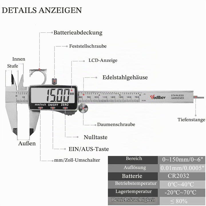 Digitaler Messschieber Schieblehre,Vodlbov 150mm/6 Zoll Hochpräzise Edelstahl schiebelehren digital