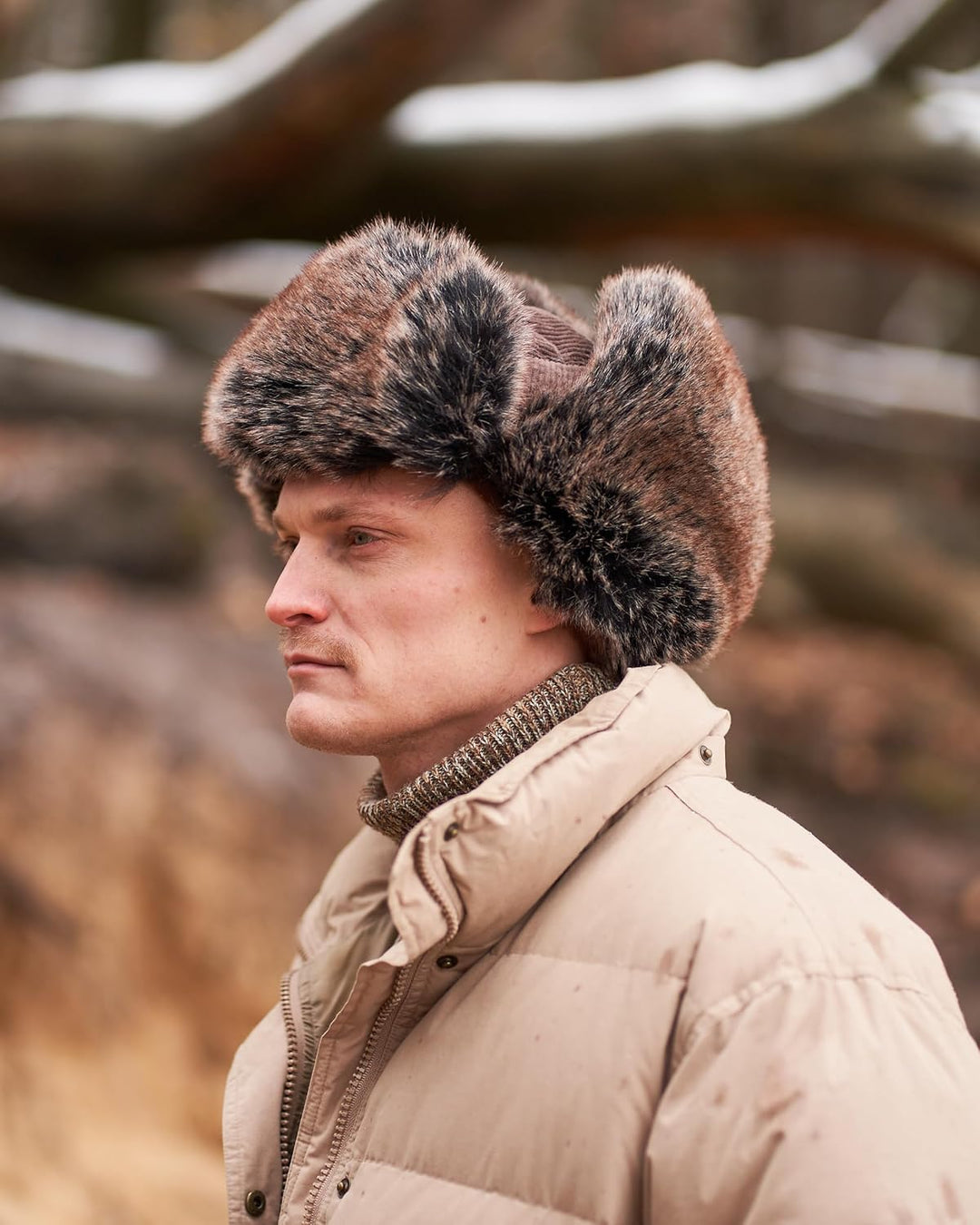Futrzane Trappermütze aus Cord - Ushanka Herren - Fell Mütze mit Ohrenklappen S Braun - Braun Siberi