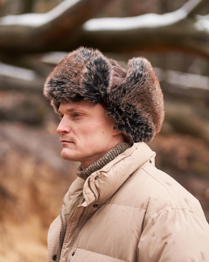 Futrzane Trappermütze aus Cord - Ushanka Herren - Fell Mütze mit Ohrenklappen S Braun - Braun Siberi