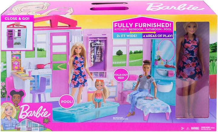 Barbie-Haus mit Küche, Schlafzimmer, Badezimmer, Pool, komplett eingerichtet Möbeln, verschliessbar