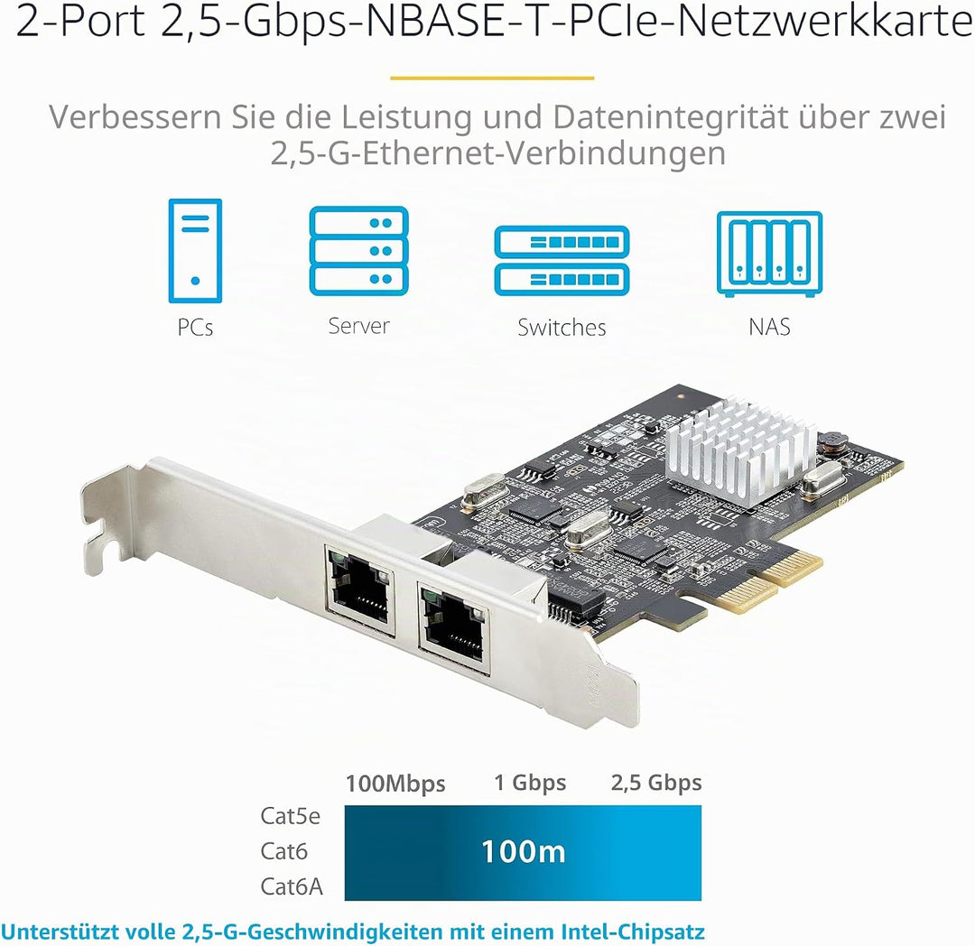 StarTech.com 2-Port 2.5 Gbit PCIe Netzwerkkarte, Intel I225-V, Dual-Port Computer LAN Karte, Multi-G