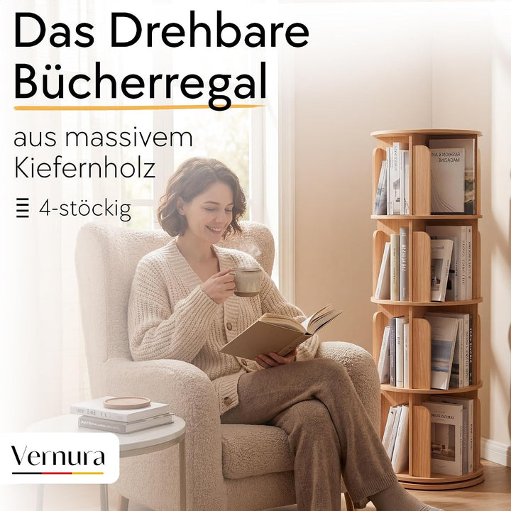 Drehbares Bücherregal aus Holz - 100% Massivholz - Premium Qualität - Platzsparend - Drehregal Büche