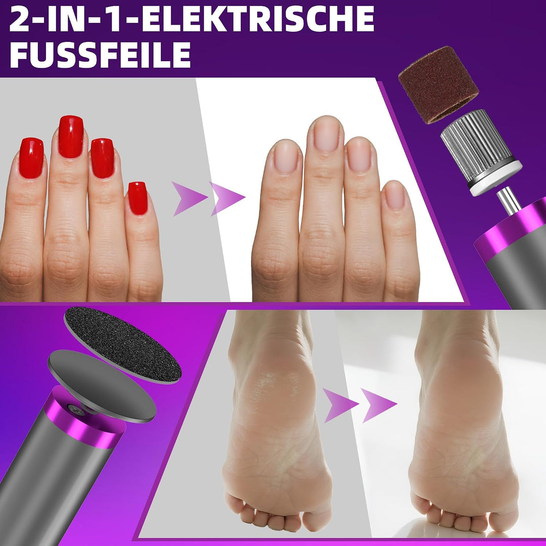 2 in 1 Elektrischer Hornhautentferner Fuss &amp; Hände - Wiederaufladbar | mit 20 Sandpapier-Aufsätzen,