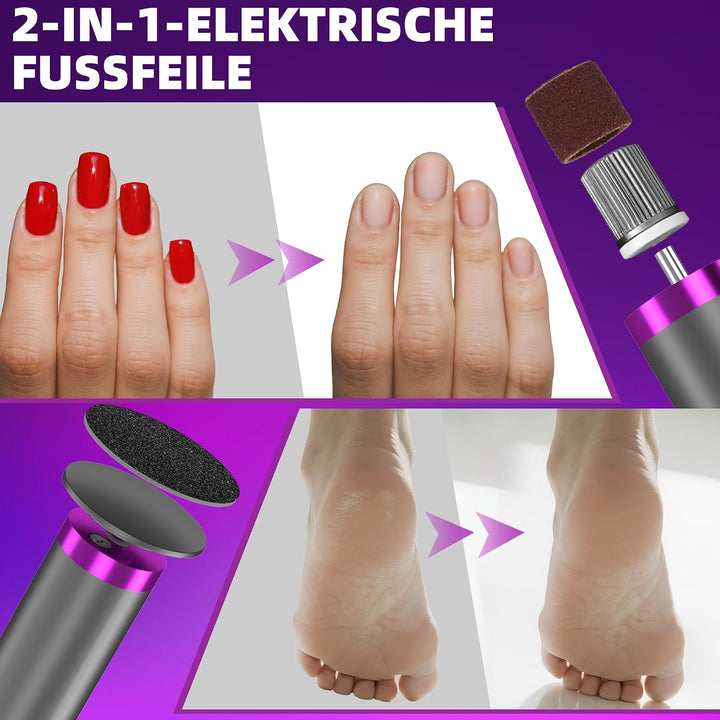 2 in 1 Elektrischer Hornhautentferner Fuss &amp; Hände - Wiederaufladbar | mit 20 Sandpapier-Aufsätzen,