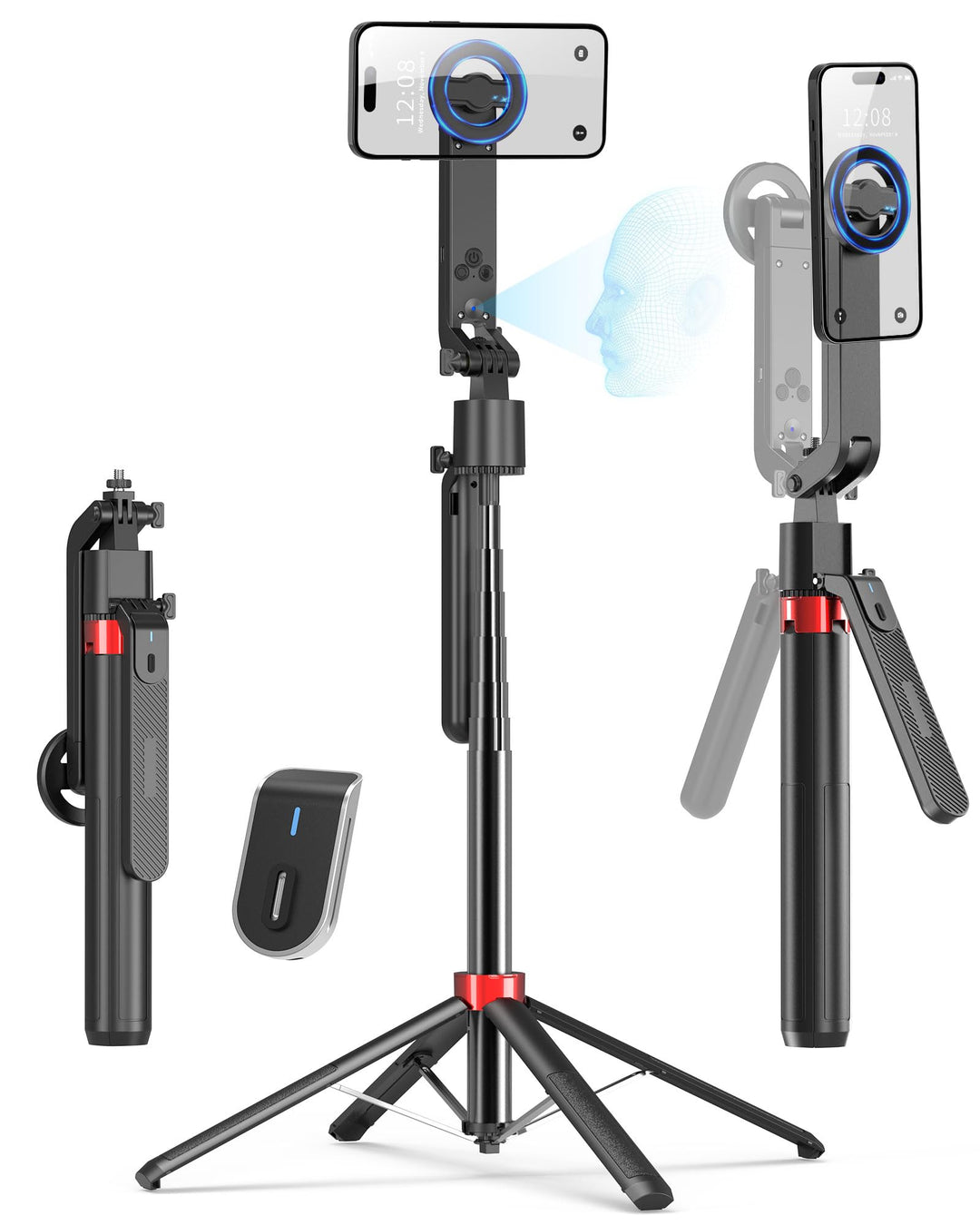 PlusAcc 184cm Auto Face Tracking Stativ – Magnetischer Selfie Stick für iPhone, 360° Drehung Halter