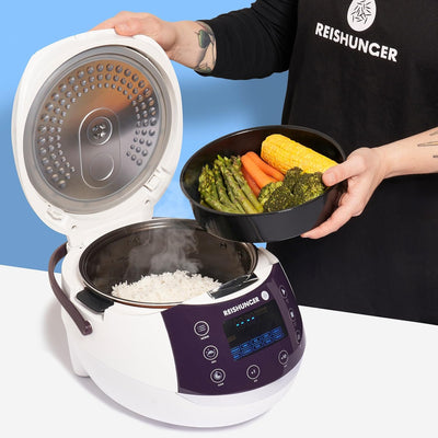 REISHUNGER Digitaler Reiskocher & Dampfgarer Weiss | 1,5 L bis 8 Personen | Warmhaltefunktion, Timer