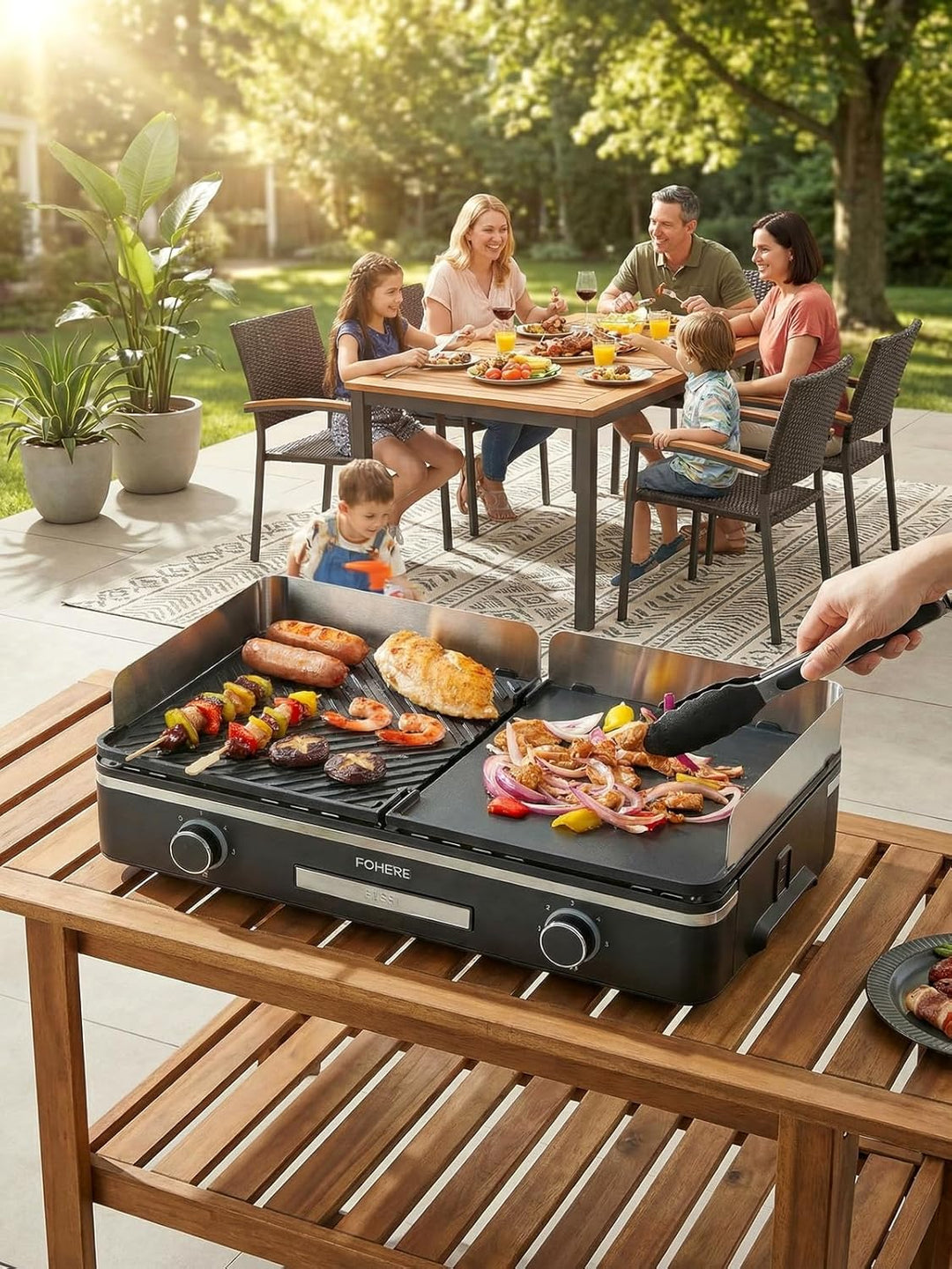 FOHERE Elektrogrill Tischgrill mit 2 Getrennt Regelbaren Grillplatten (Glatt & Gerillt), Extra gross