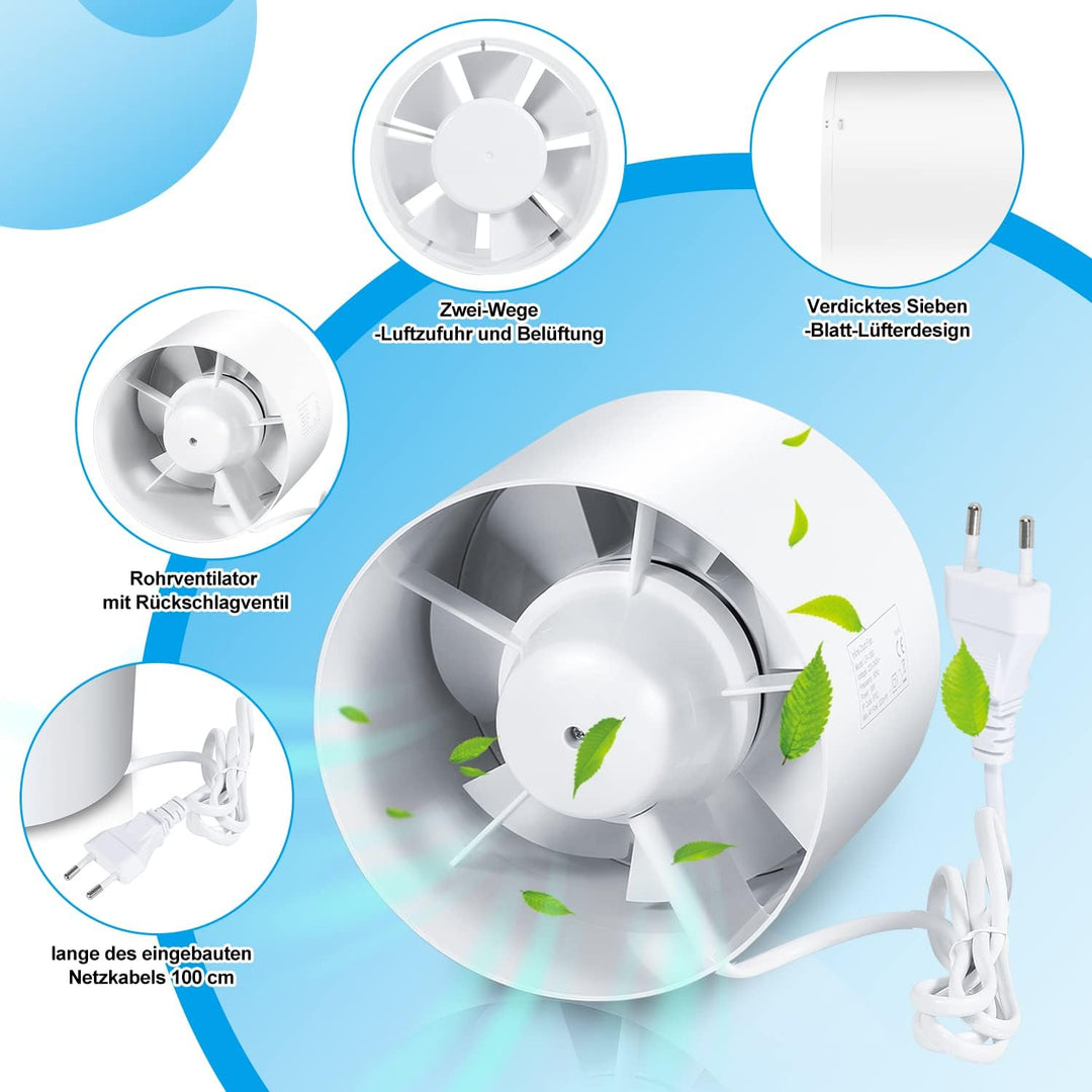 Rohrventilator 150mm mit Rückstauklappe – Starker 320m³/h Abluftventilator für Bad, WC, Küche, Gewäc