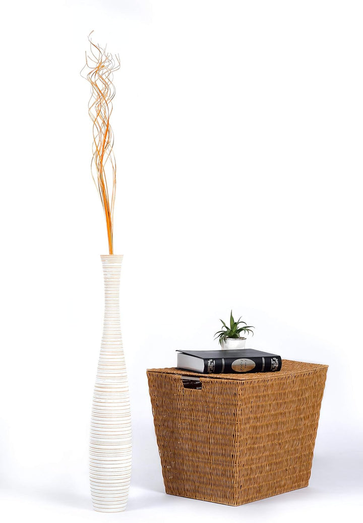 Leewadee Grosse Bodenvase für Dekozweige hohe Standvase Design Holzvase, Holz, 70 cm, White Wash 70