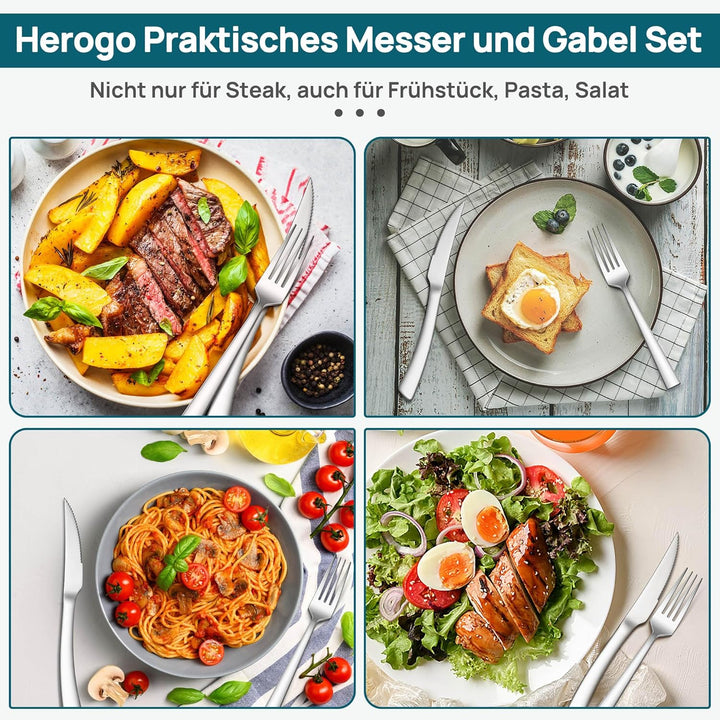 Herogo Steakbesteck Set, 24-teilig Edelstahl Messer und Gabel Set für 12 Personen, Silber Besteck St