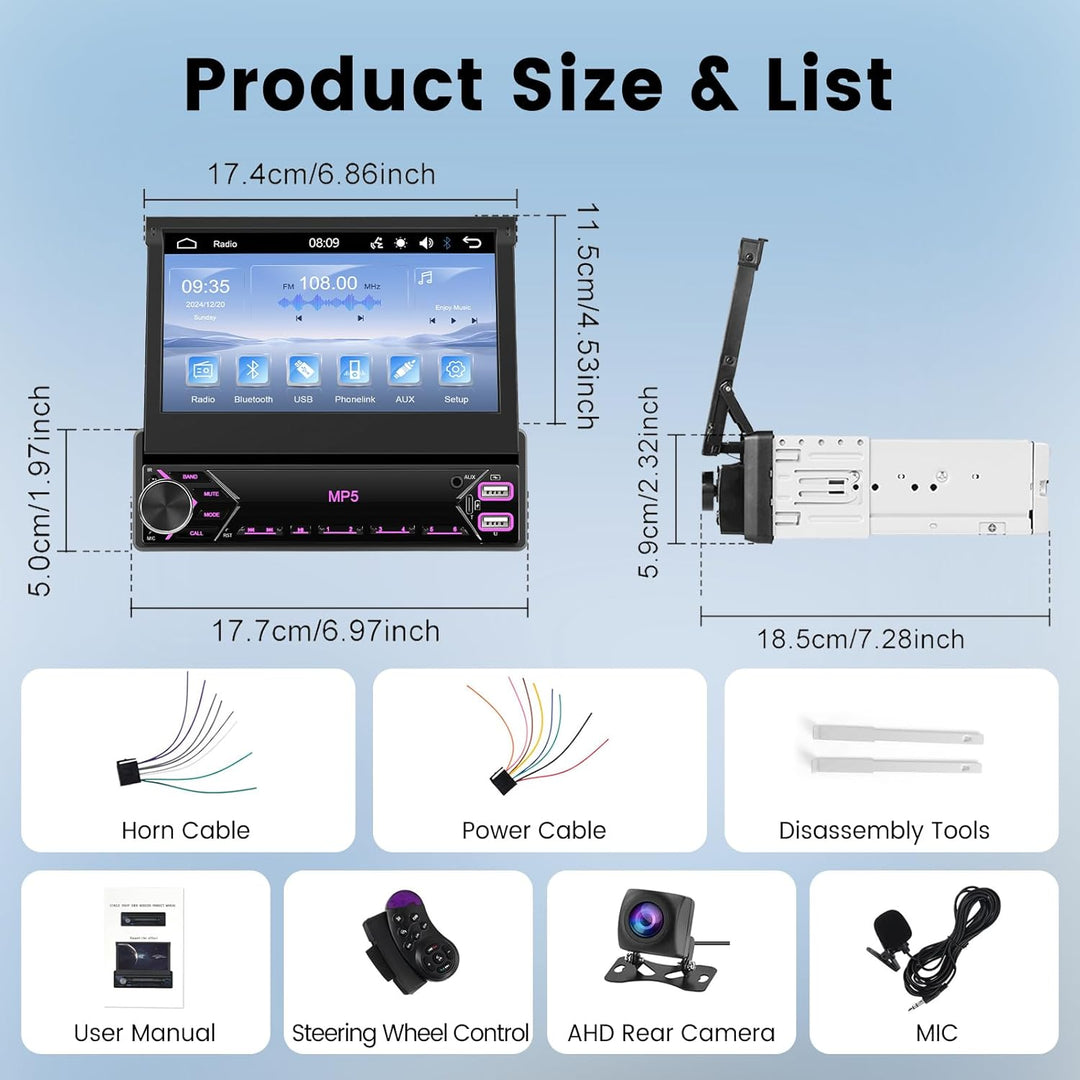 Hodozzy Autoradio 1 Din mit 7 Zoll Touchscreen, Ausklappbarem Bildschirm, Bluetooth und Mirrorlink,