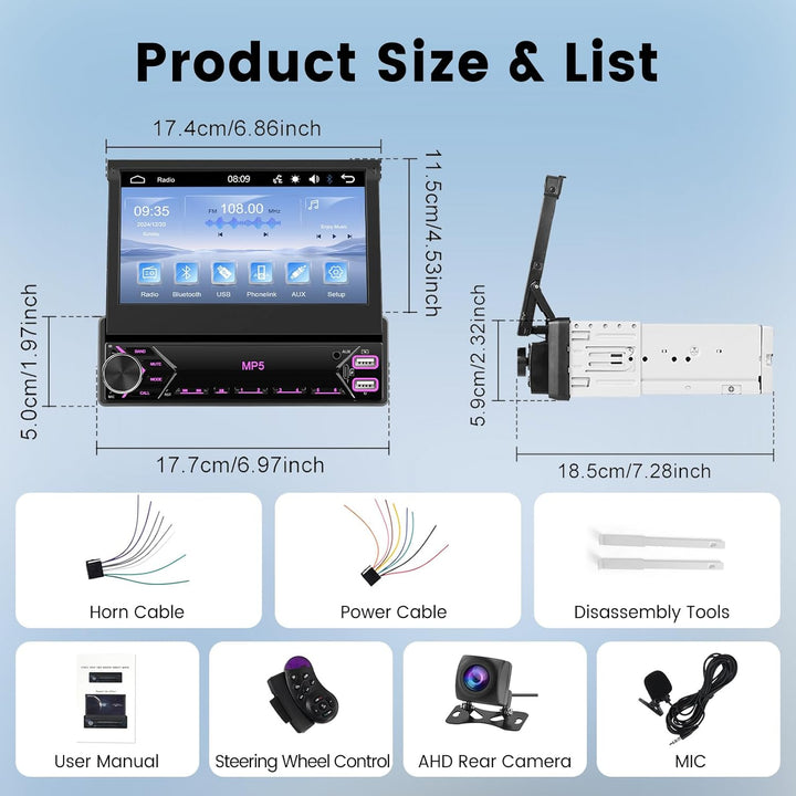Hodozzy Autoradio 1 Din mit 7 Zoll Touchscreen, Ausklappbarem Bildschirm, Bluetooth und Mirrorlink,