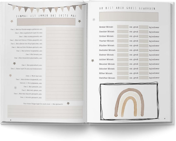 Erinnerungsalbum für Drillinge – Boho Babyalbum DIN A4 | 64 Seiten | Hardcover in Beige &amp; Braun | Ge