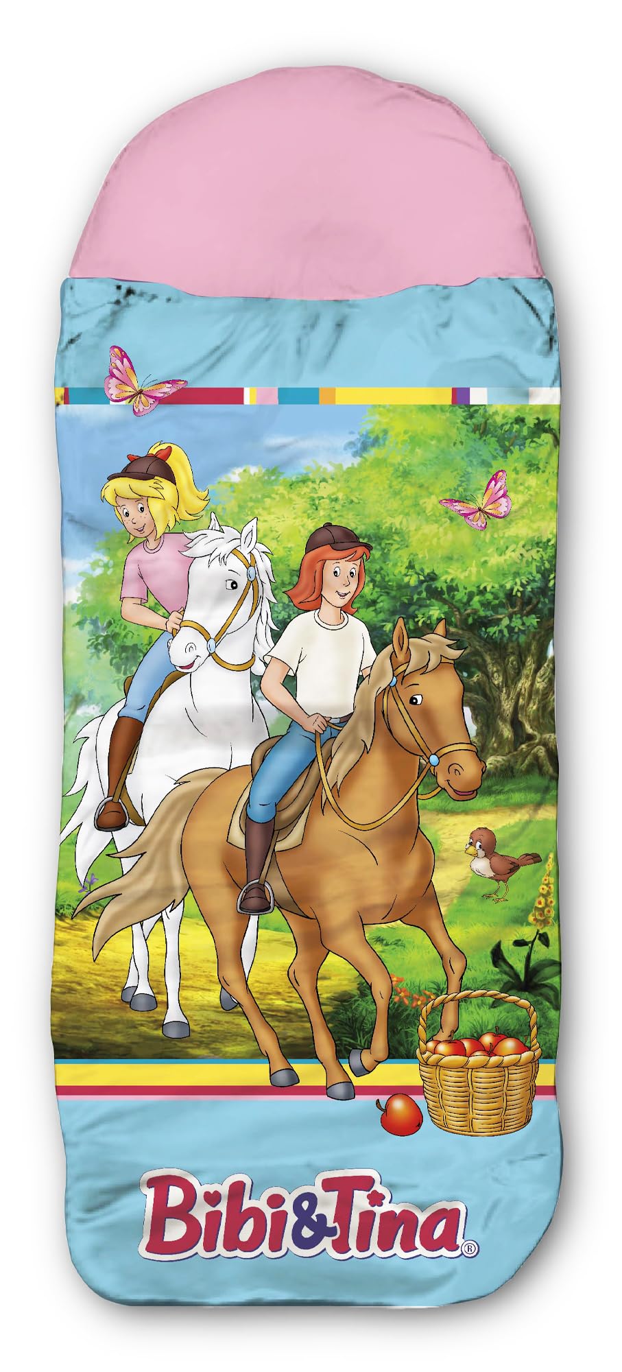 Bibi und Tina Kinder-Schlafsack – Freunde Blau-Rosa, 140 cm + 30 cm (Kapuze) x 70 cm Outdoor/Indoor,