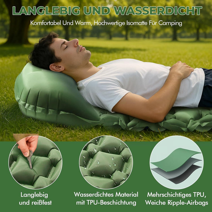 LENDOO Ultraleichte Aufblasbare Isomatte, 195cm*60cm Isomatte Selbstaufblasend Mit Aufblasbarem Kiss
