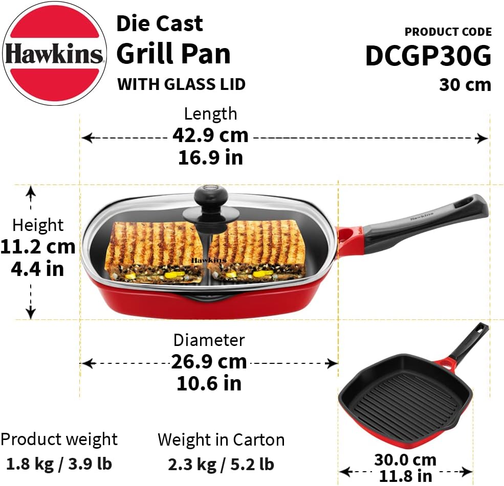 HAWKINS DCGP30G Grillpfanne mit Glasdeckel, 30 cm, Rot, Glasdeckel