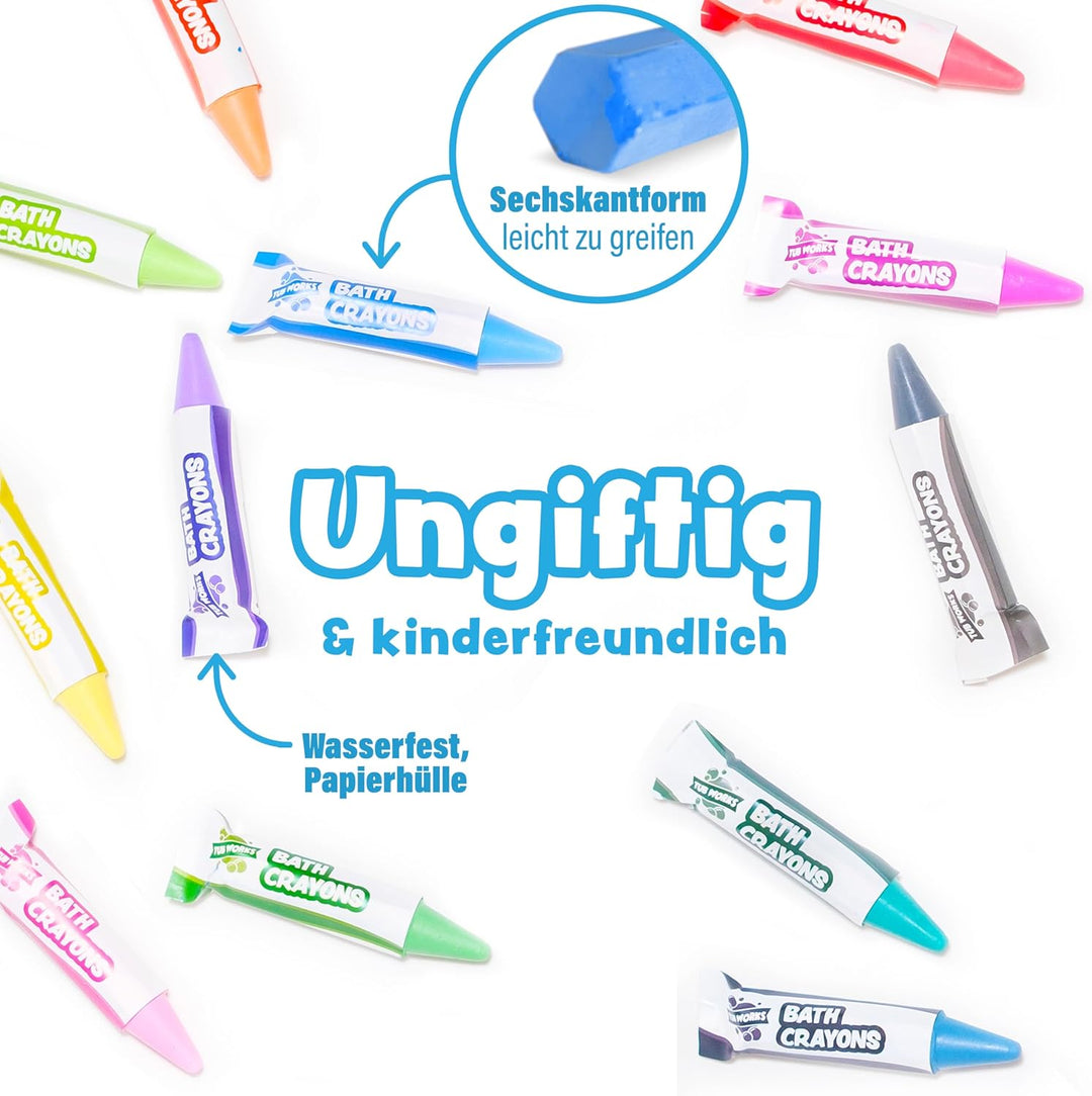 Tub Works® Badestifte Badespielzeug, 12 Stifte | Ungiftige, abwaschbare Badewannenstifte für Kleinki