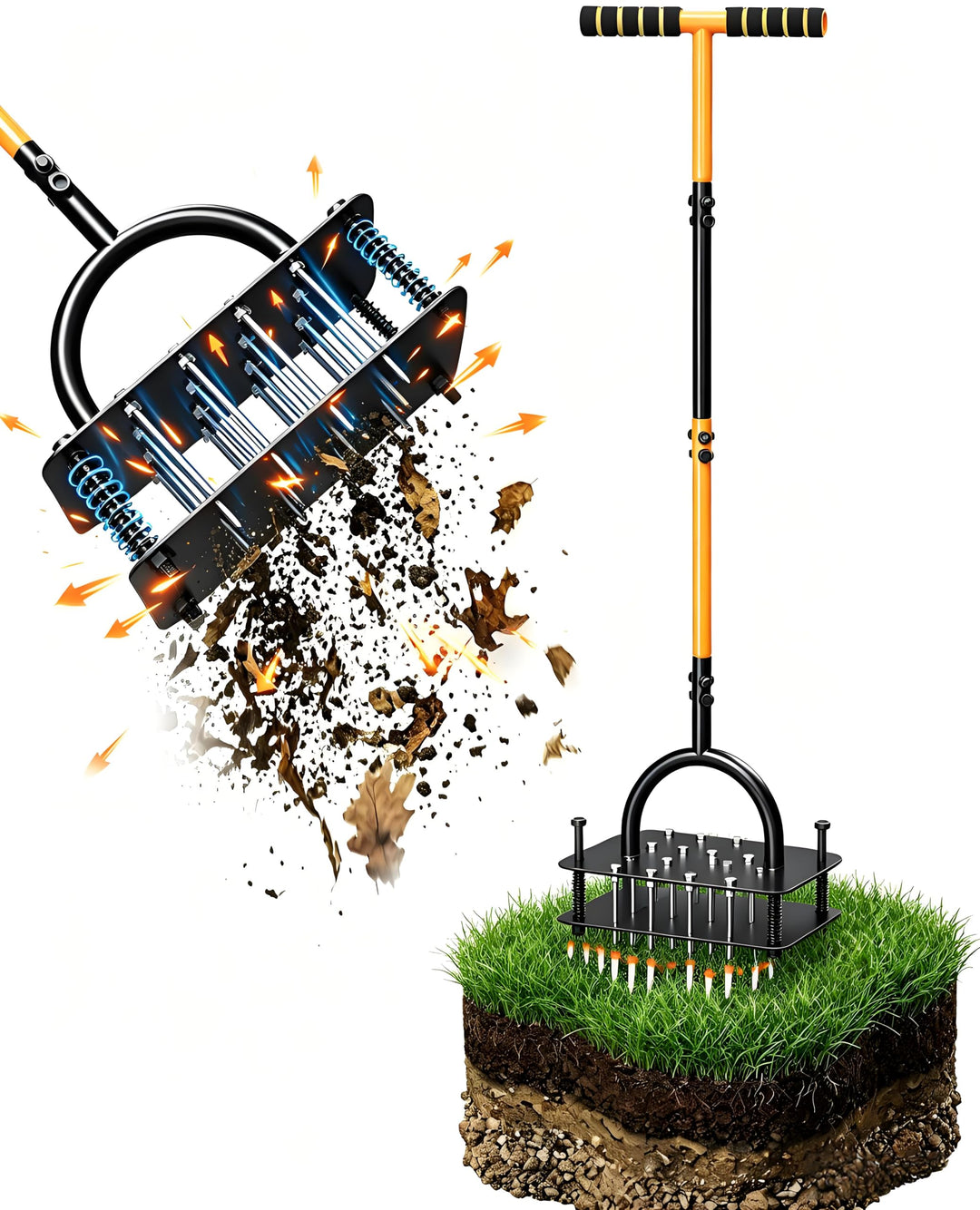 Rasenlüfter Aerifizierer für Rasen, manueller Rasenbelüfter mit 16 Metallspikes & T-Griff, für Verdi