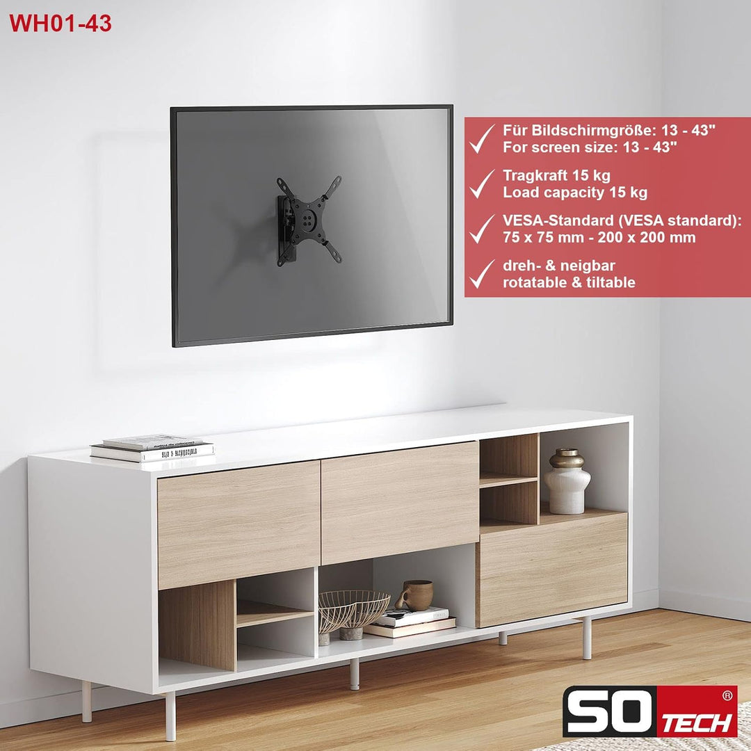 SOTECH TV Wandhalterung WH-01-43 | Drehbare, neigbare TV Halterung für 13-43 Zoll Bildschirmdiagonal