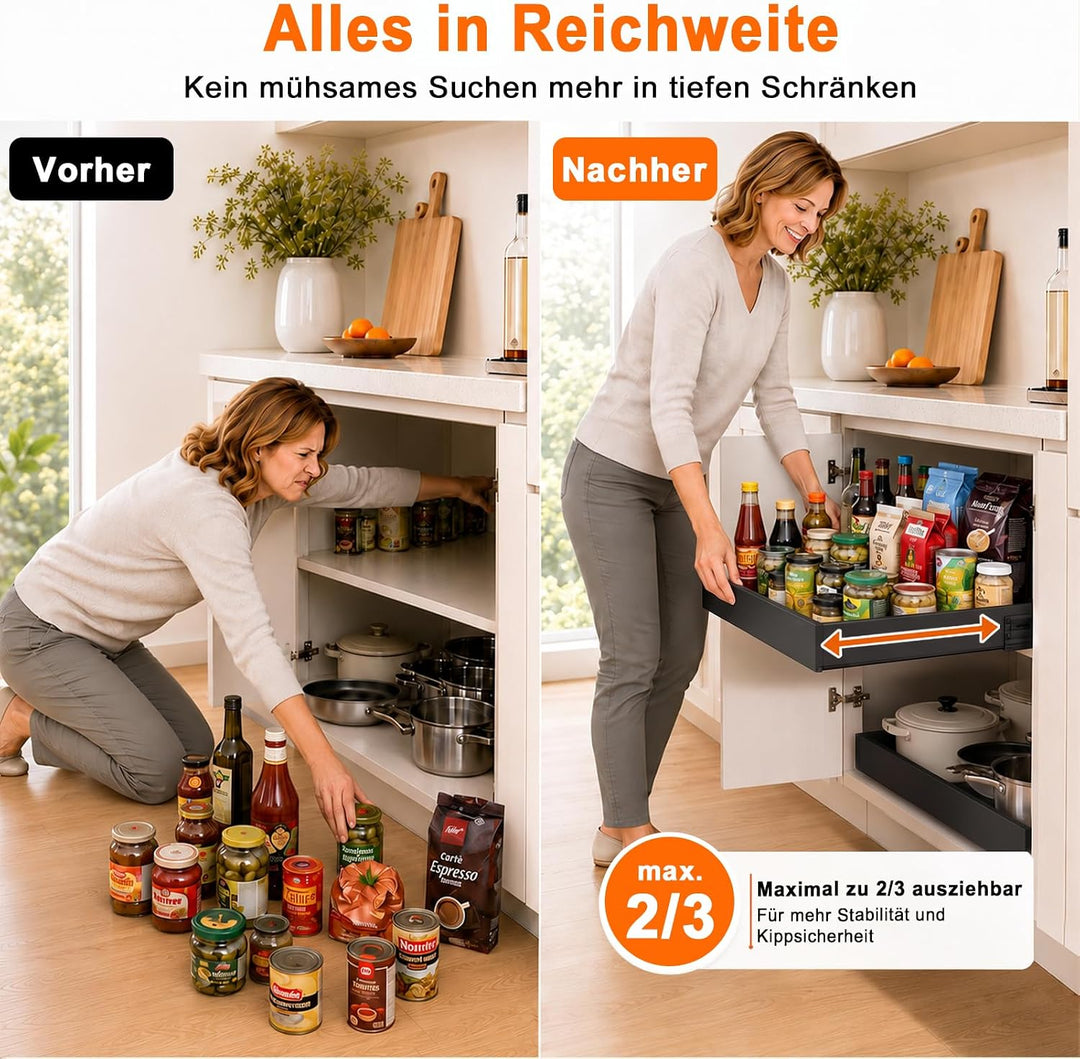 2 Stück Teleskopschublade Ausziehbar Küche Schublade: Breite Verstellbar 32-53 cm Mit Selbstklebende