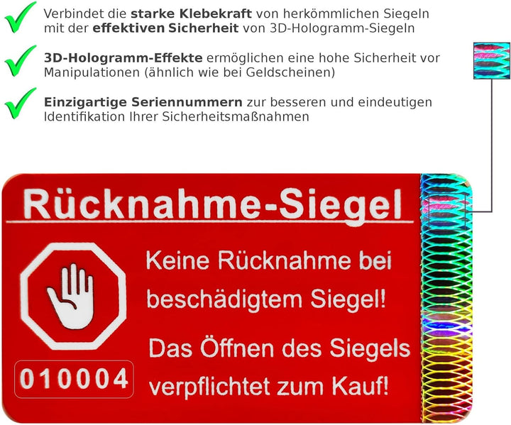 1200 Stk - Rücknahme-Siegel 48 * 25mm rot - Rücknahmesiegel, Sicherheitssiegel, Qualitätssiegel, Gar