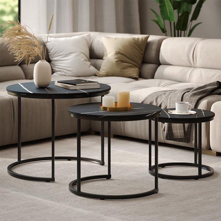 Vicco Couchtisch-Set Montreal, Schwarzer Marmor, 55 x 55 cm 3 Teile Schwarzer Marmor 3er Set, Schwar