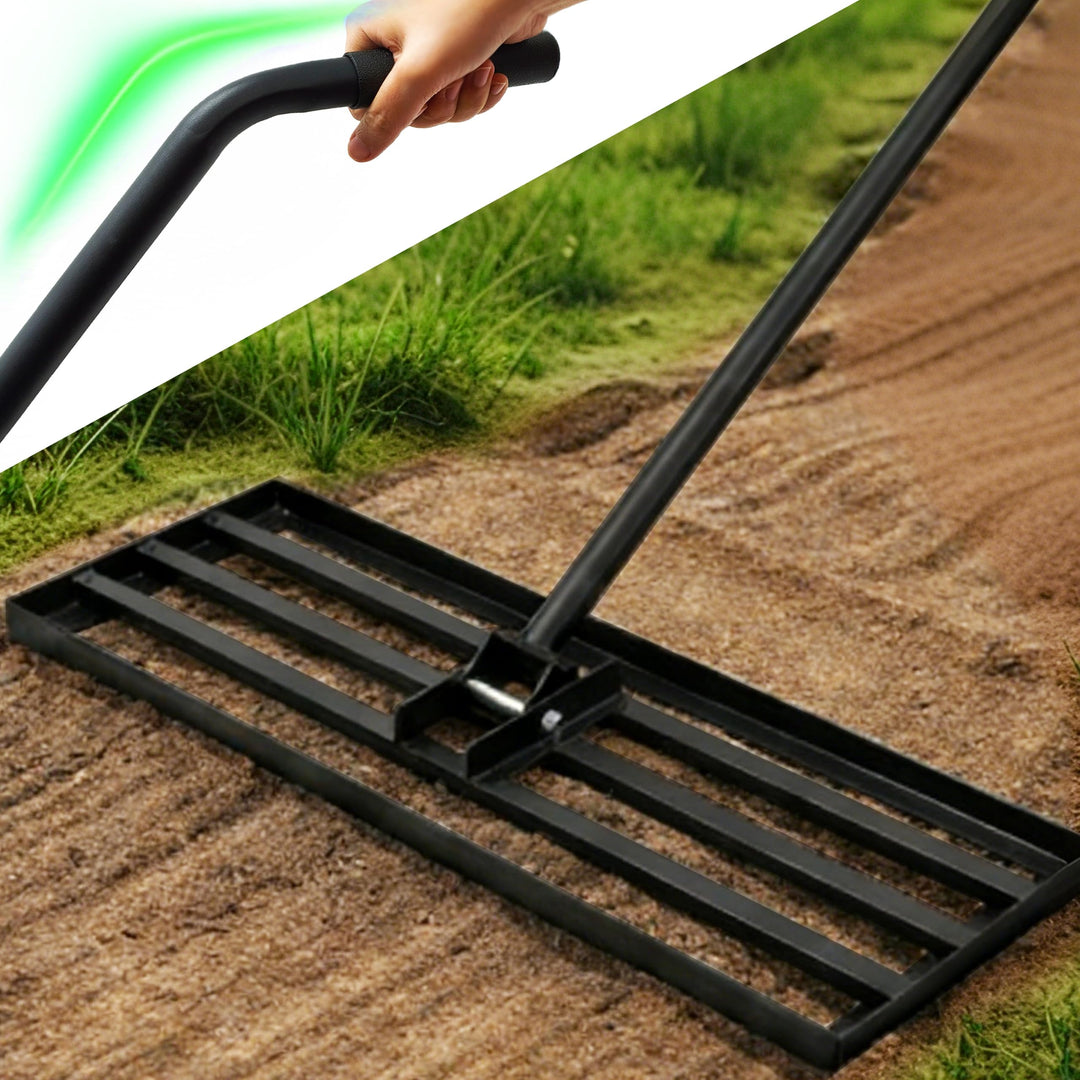 Rasen Rakel 75x25cm Rückenschonend, Rasennivellierer mit ergonomisch gebogenem 185cm Griff, Metall N