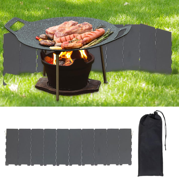 Camping Windschutz - Faltbarer 10-Panel Metall Ofen Wind Blocker - Leichtes Grillzubehör mit Aufbewa