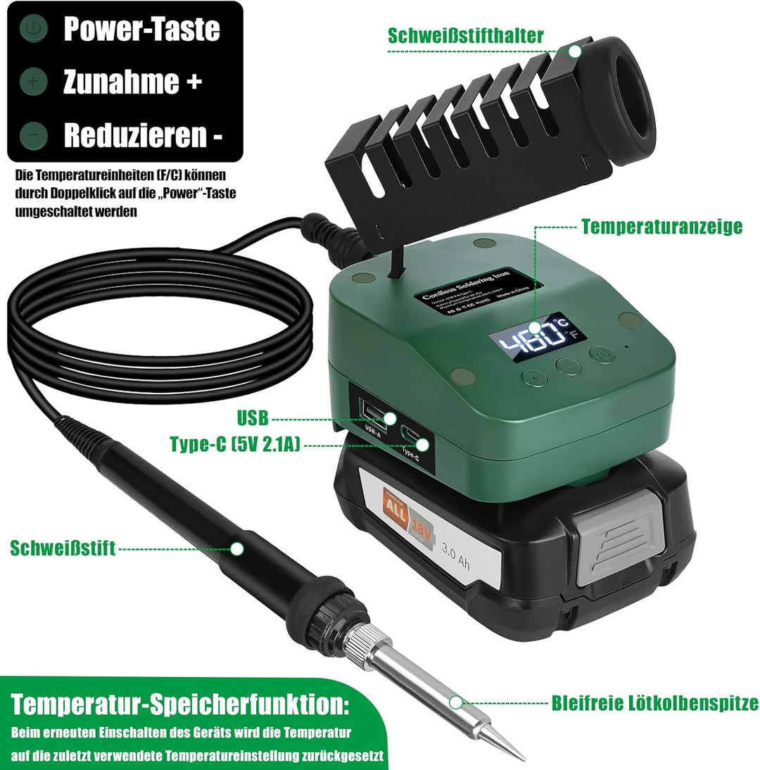 Kabelloser Lötkolben Set Kompatibel mit Bosch 18V Home and Garden PBA Akku, Tragbarer Lötkolben mit
