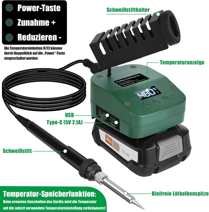 Kabelloser Lötkolben Set Kompatibel mit Bosch 18V Home and Garden PBA Akku, Tragbarer Lötkolben mit