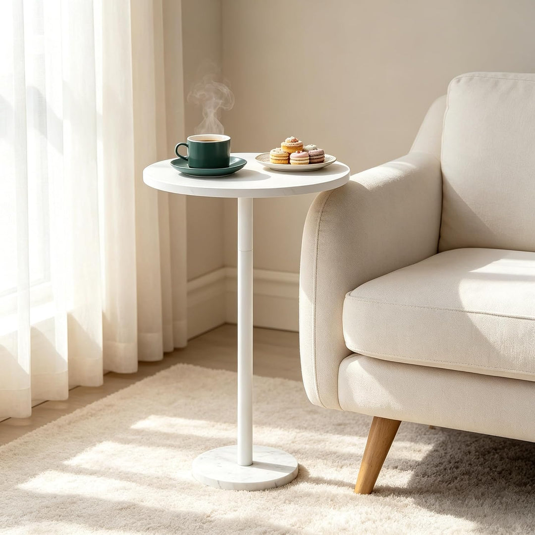 smusei Kleiner Weisser Beistelltisch runder Couchtisch mit Marmorsockel Sofa-Beistelltisch für Wohnz