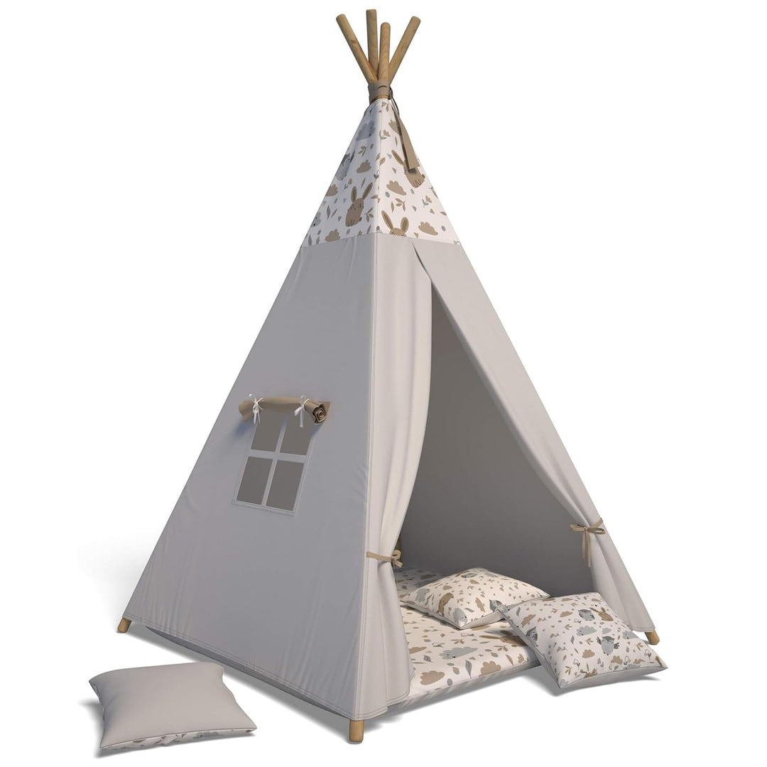Best For Kids Spielzelt Tipi Zelt Indianer Wigwam für Kinder mit Zubehör (Grau Tierchen), Grau Tierc