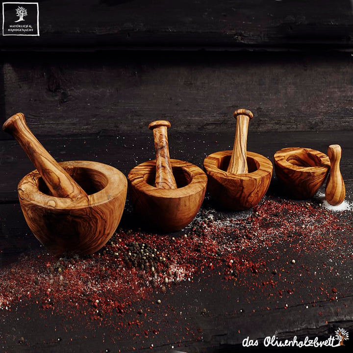 das Olivenholzbrett® Olivenholz Mörser und Stössel glatt/Olivenholzmörser SET/robuster Holzmörser/Ge