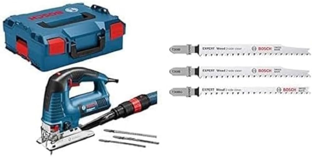 Bosch Professional GST 160 BCE, 160 mm Schnitttiefe in Holz, L-BOXX + 3x Stichsägeblatt Set Expert ‘