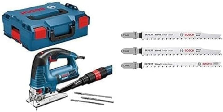 Bosch Professional GST 160 BCE, 160 mm Schnitttiefe in Holz, L-BOXX + 3x Stichsägeblatt Set Expert ‘