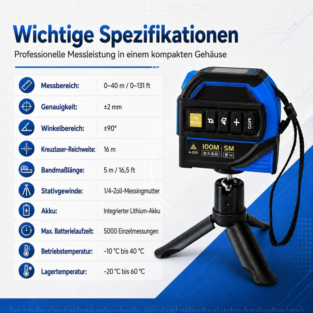 Laser Entfernungsmesser 40 m, 4 in 1 Laser Massband mit 5 m Massband, 40 m Laser, 16 m Laser-Fadenkr