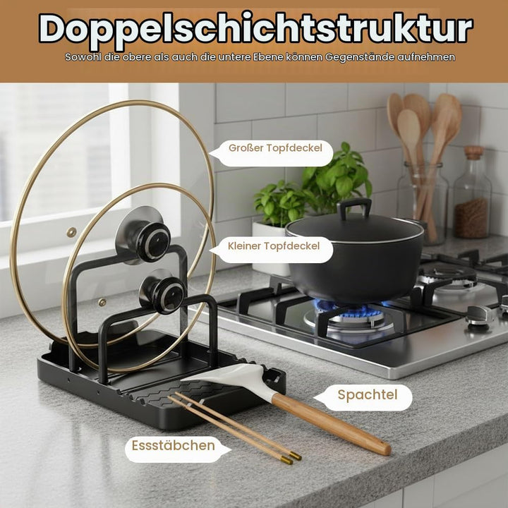 MiOYOOW Topfdeckelhalter, Schneidebretthalter mit Löffelablage, Rutschfester Topfdeckel Pfannen Orga