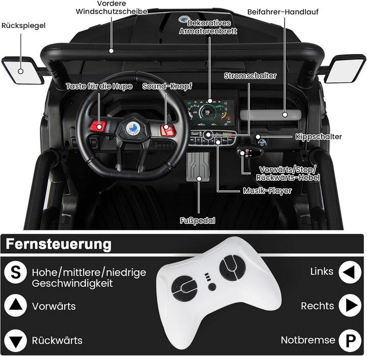 GOPLUS Kinder Elektroauto, 2-Sitzer Kinderauto mit Kippbett, Schaufel & Fernbedienung & Musik & Sche