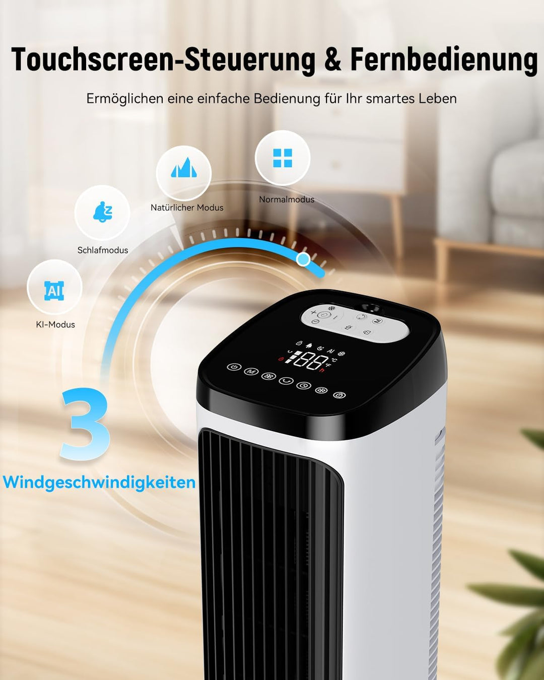 PNTCK Turmventilator mit Wasserkühlung Eispacks, 12H Timer, 4 Modi, 3 Geschwindigkeiten, 80° Oszilla