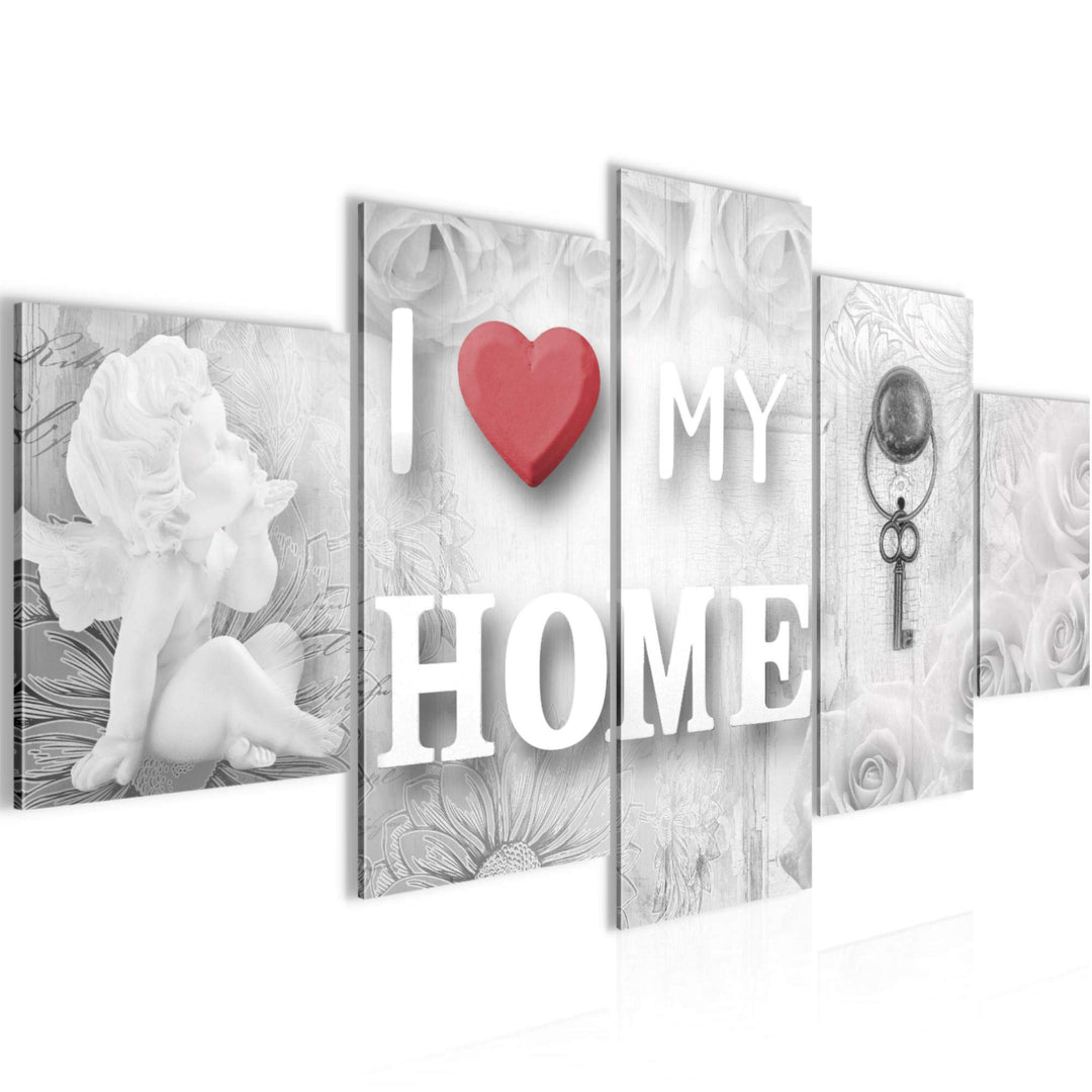 Runa Art Wandbilder Home Herz 5 Teilig Bild auf Vlies Leinwand Deko Wohnzimmer Engel Rot Grau 026252