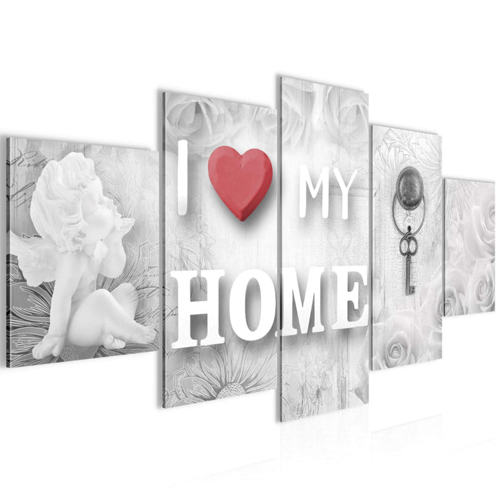 Runa Art Wandbilder Home Herz 5 Teilig Bild auf Vlies Leinwand Deko Wohnzimmer Engel Rot Grau 026252