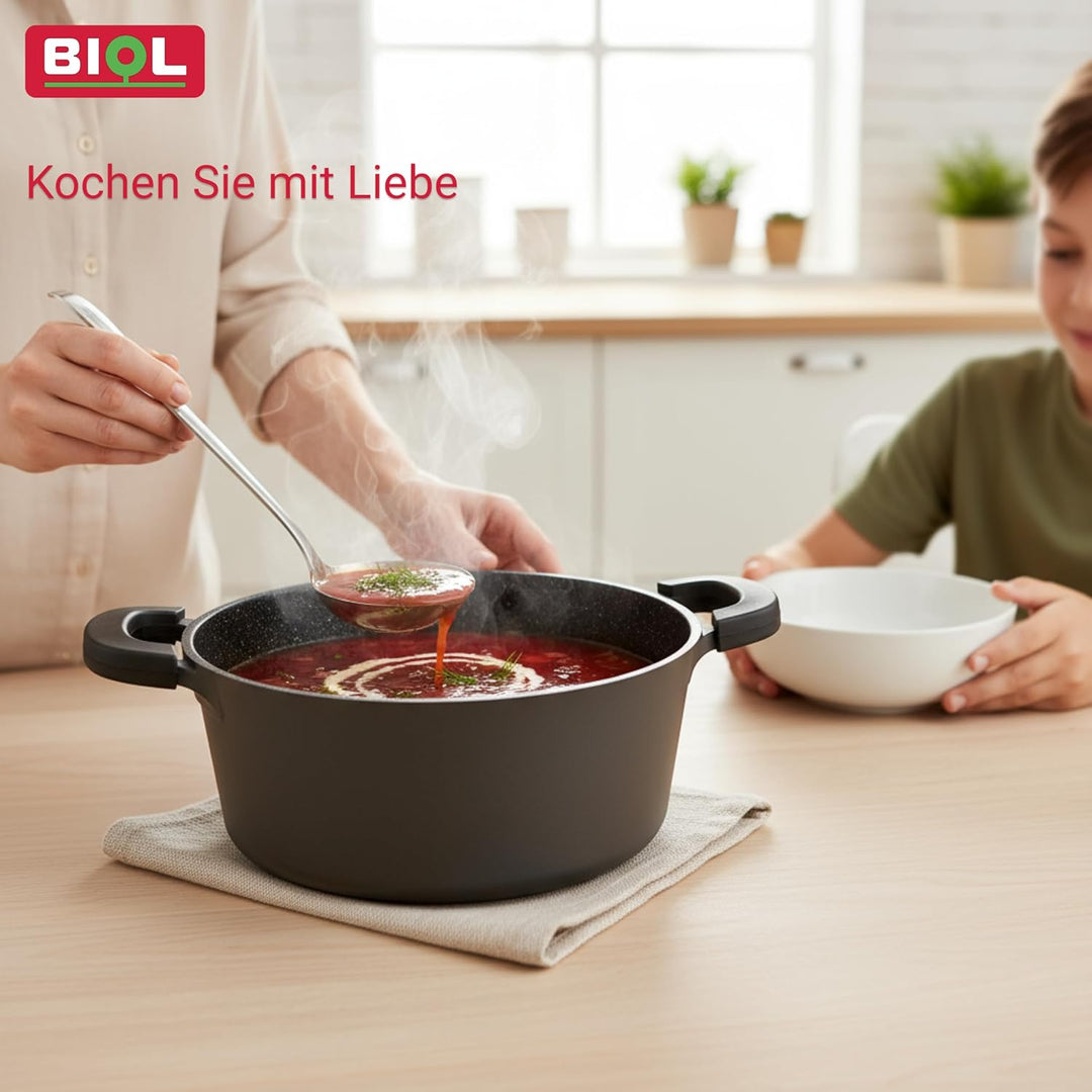 BIOL Aluminium Kochtopf mit Antihaftbeschichtung, Glasdeckel und abnehmbaren Silikon-Griffen, Indukt