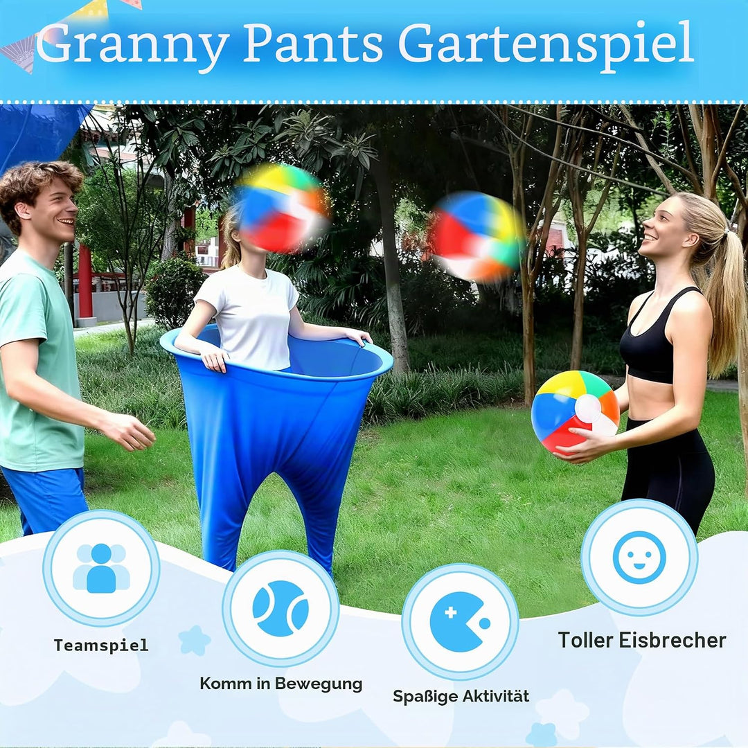 Granny Pants Yard Game 2er Set, Fanghosen-Spiel für Erwachsene, 2 Riesige Hosen, 12 Aufblasbare Rain