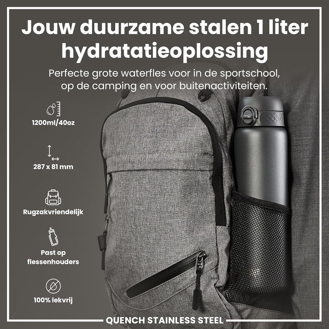 Ion8 1 Liter Edelstahl Trinkflasche, Auslaufsicher, Einhandöffnung, Sichere Verriegelung, Spülmaschi