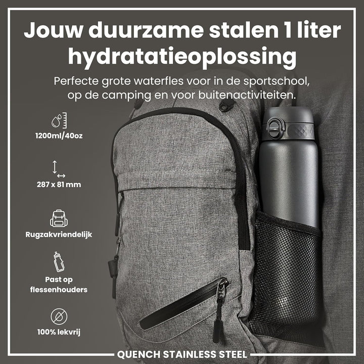 Ion8 1 Liter Edelstahl Trinkflasche, Auslaufsicher, Einhandöffnung, Sichere Verriegelung, Spülmaschi