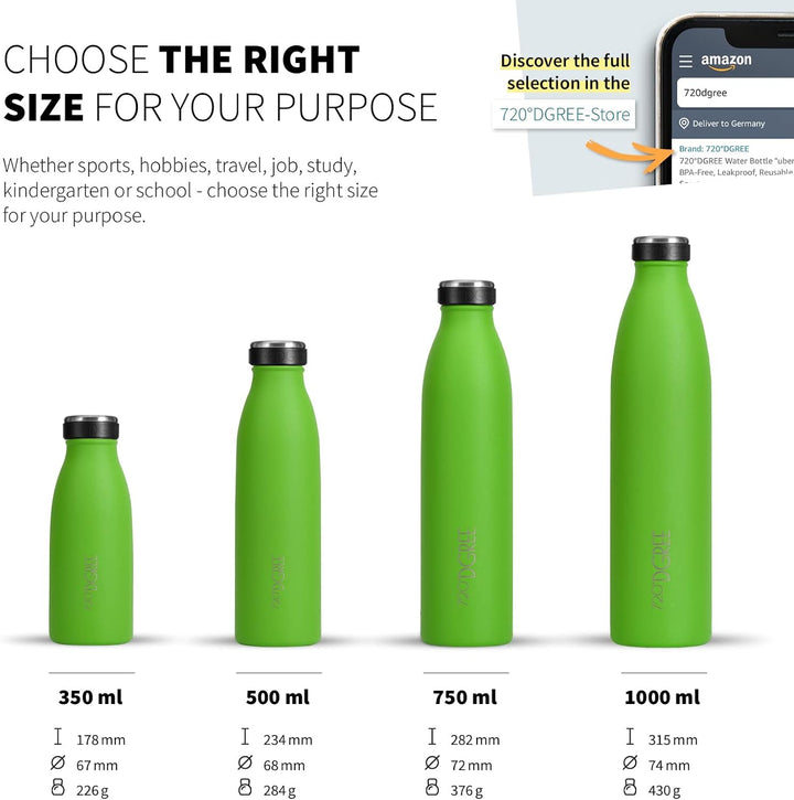 720°DGREE Edelstahl Trinkflasche “milkyBottle” - 1L - BPA-Frei, Auslaufsicher, Kohlensäure geeignet