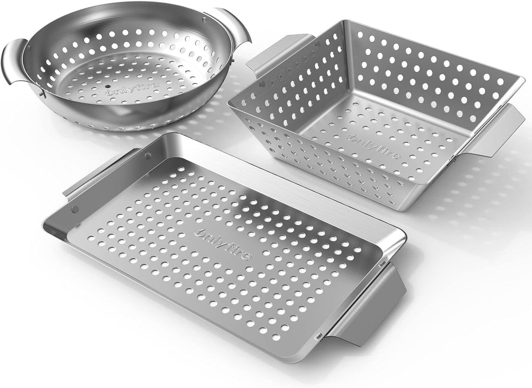 Onlyfire Grillschale Edelstahl 3er Set, Grillkorb mit Tragegriffen, Grillschale für Gemüse, Fleisch