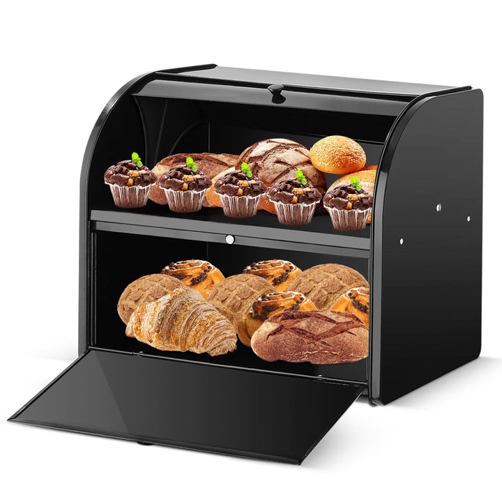 Edelstahl Brotkasten 2 Etagen mit Rolltop Deckel, extragrosser Brotbox Schwarz, Metall Brotbehälter