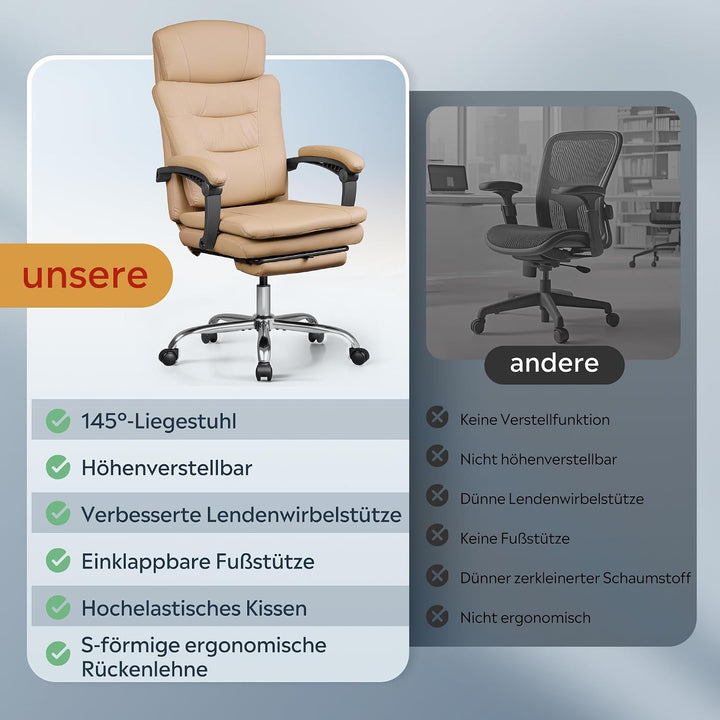DEVAISE Chefsesse PU Leder: Bürostuhl Ergonomisch mit Fussstütze und Lendenwirbelstütze, Wippfunktio